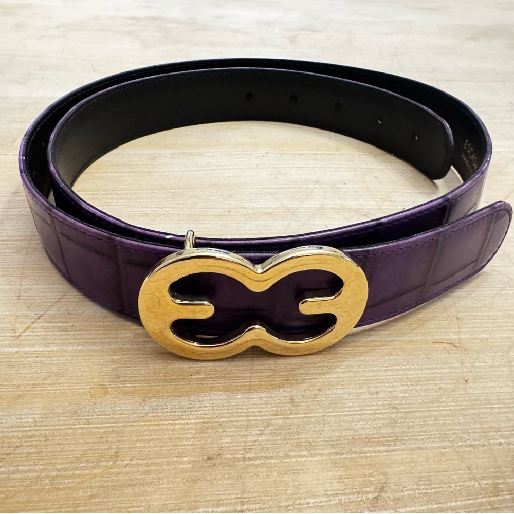 Vintage Escada Purple Croc-Texture Women's Belt with Gold Interlocking Buckle - Picture 4 of 4